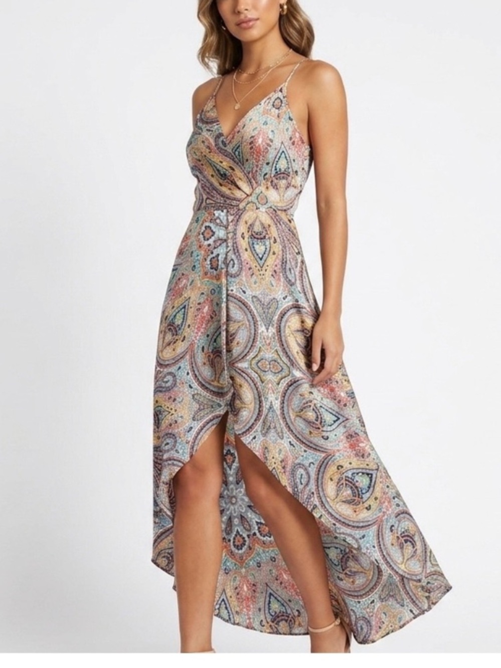 Alice & Trixie 100% silk Multi-Color Paisley High-Low Wrap Dress